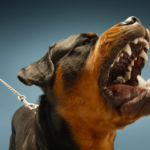 A Rottweiler on a leash with its mouth open.