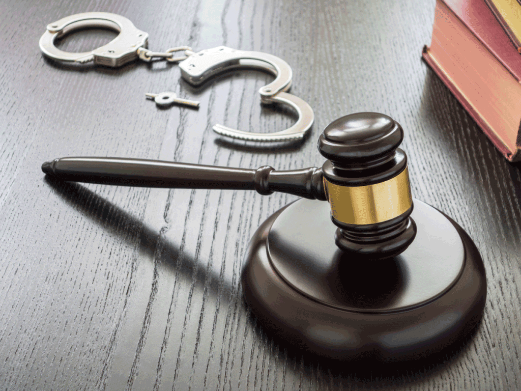 A judges gavel with a set of handcuffs next to it.