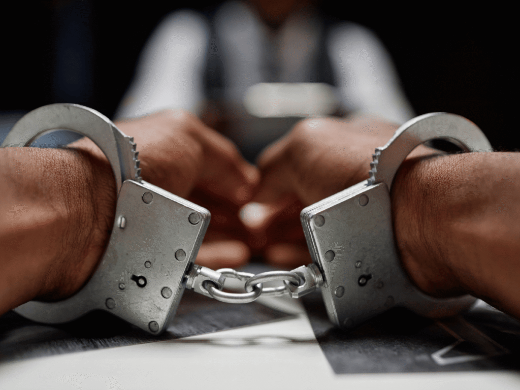 Close-up of a person’s hands in metal handcuffs, with a blurred figure in the background across a table.
