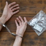 Person in handcuffs with tattooed arm reaching toward a plastic bag containing rolled cash and white pills on a wooden table, symbolizing drug arrest.