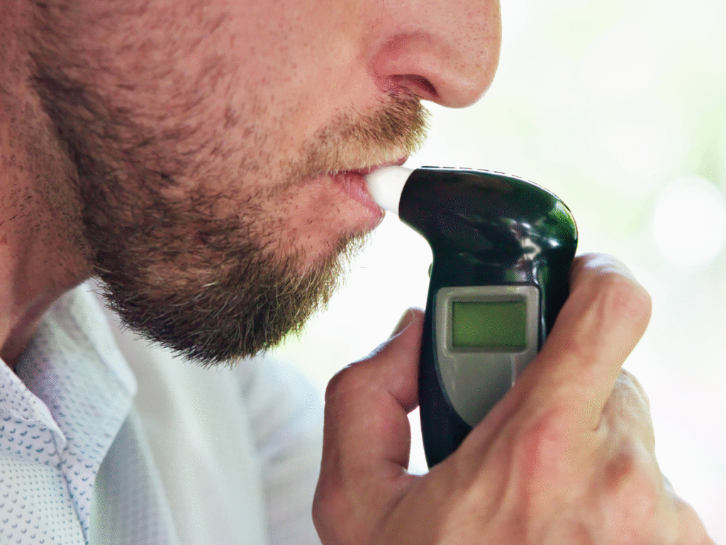 Man using a handheld breathalyzer device to measure blood alcohol content, illustrating DUI testing.
