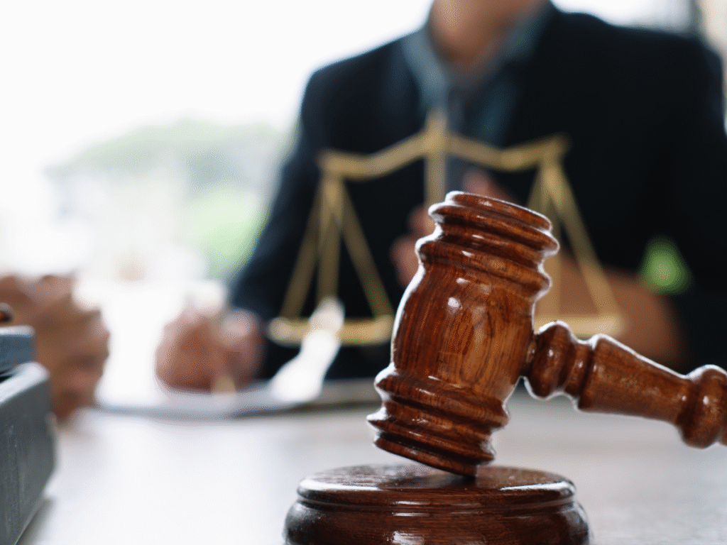 A judge's gavel resting on a block with a lawyer and scales of justice blurred in the background, symbolizing the plea bargain process Wyoming.