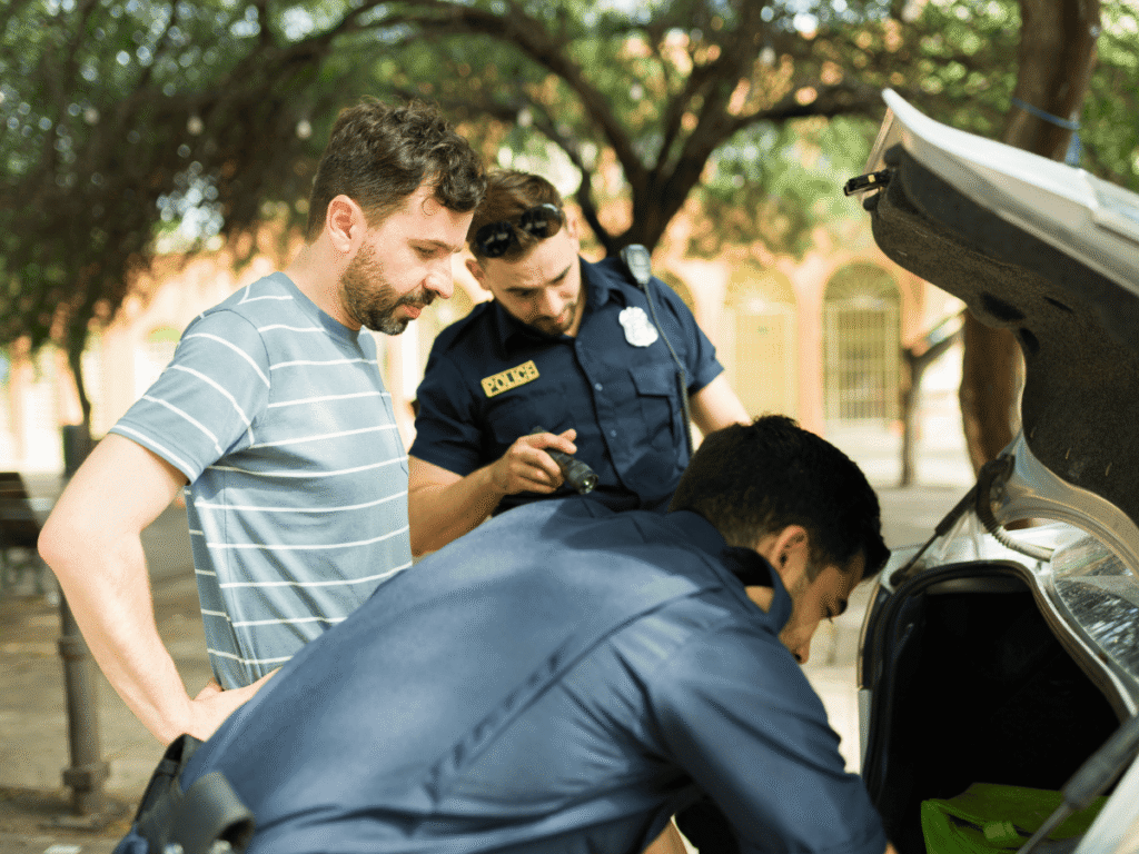 Two police officers conduct a vehicle search during a traffic stop while the driver stands nearby, appearing concerned. One officer looks through the car’s trunk as the other observes and takes notes. The image represents legal questions about when police can search a vehicle in Wyoming, including probable cause, consent, and Fourth Amendment protections under cases like Wyoming v. Houghton.