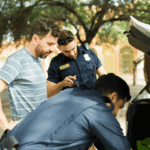 Two police officers conduct a vehicle search during a traffic stop while the driver stands nearby, appearing concerned. One officer looks through the car’s trunk as the other observes and takes notes. The image represents legal questions about when police can search a vehicle in Wyoming, including probable cause, consent, and Fourth Amendment protections under cases like Wyoming v. Houghton.