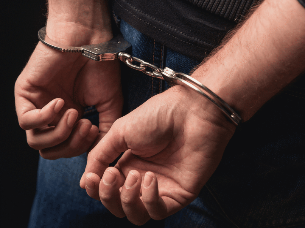 A close-up of a person’s hands cuffed behind their back, symbolizing criminal charges and prosecution without a victim pressing charges in Wyoming.