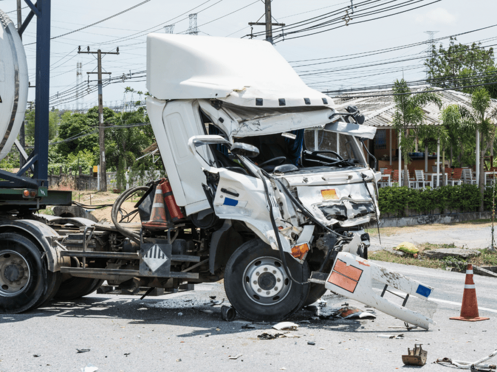A damaged semi-truck with a crushed cab after a collision on a Wyoming roadway, illustrating the financial and physical toll of serious truck accidents.