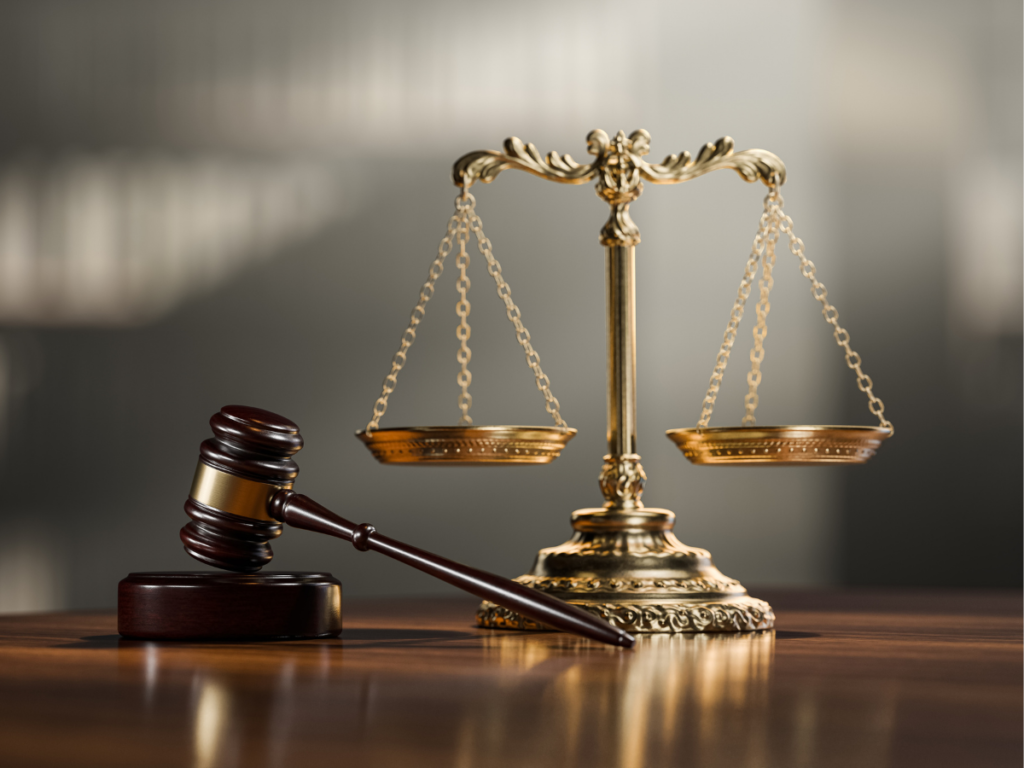 A courtroom-style image featuring a judge’s gavel and balanced scales of justice, symbolizing the legal system and the critical decisions defendants face when choosing between a private attorney and a public defender in Sundance, Wyoming.