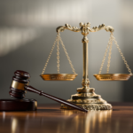 A courtroom-style image featuring a judge’s gavel and balanced scales of justice, symbolizing the legal system and the critical decisions defendants face when choosing between a private attorney and a public defender in Sundance, Wyoming.
