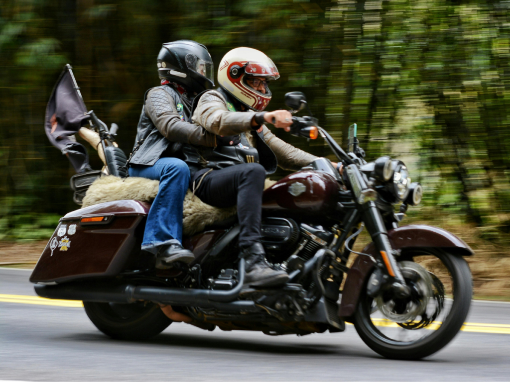 Two motorcyclists wearing helmets ride together on a touring motorcycle along a wooded road, suggesting travel and group riding.