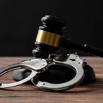 A close-up of handcuffs beside a judge’s gavel, symbolizing the serious legal consequences and criminal charges that can arise from domestic violence accusations—even in cases where the allegations may be disputed or false.